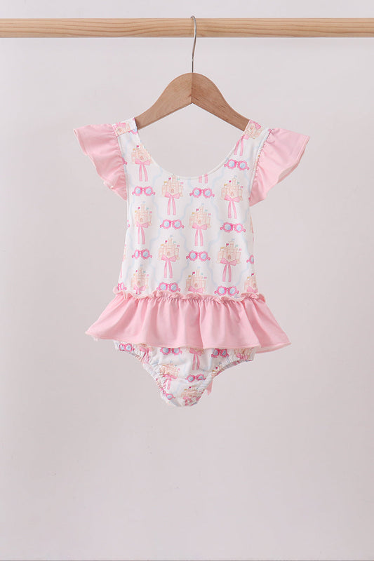 Pink bow castle ruffle one-piece swimsuit | Boutique Children's Clothing
