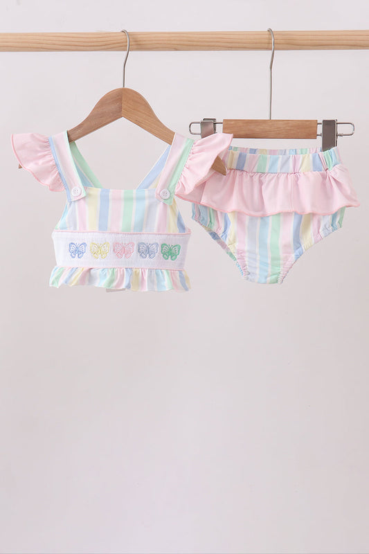 Rainbow stripe butterfly smocked ruffle 2pc swimsuit | Boutique Children's Clothing