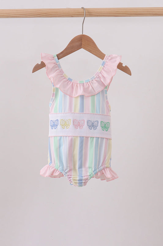 Rainbow stripe butterfly smocked ruffle one-piece swimsuit | Boutique Children's Clothing