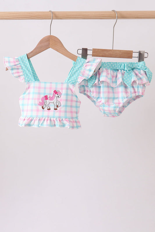 Green plaid horse applique 2pc swimsuit | Boutique Children's Clothing
