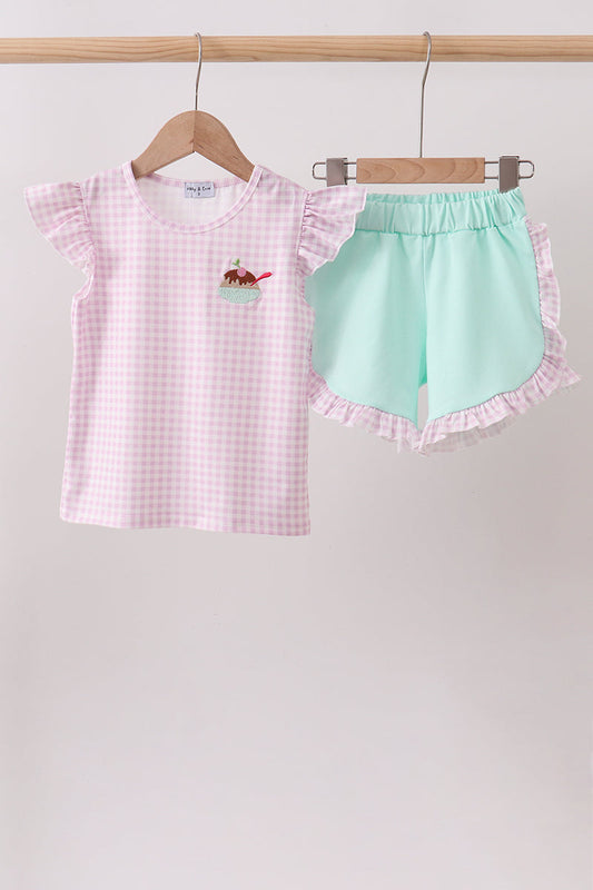 Purple Ice Cream Plaid Embroidered Set | Boutique Children's Clothing