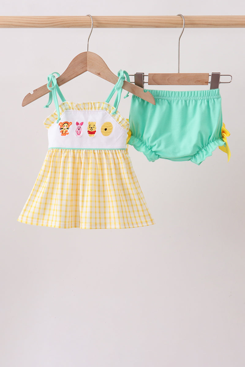 Mustard Honey Bear Embroidered Bloomer set | Boutique Children's Clothing