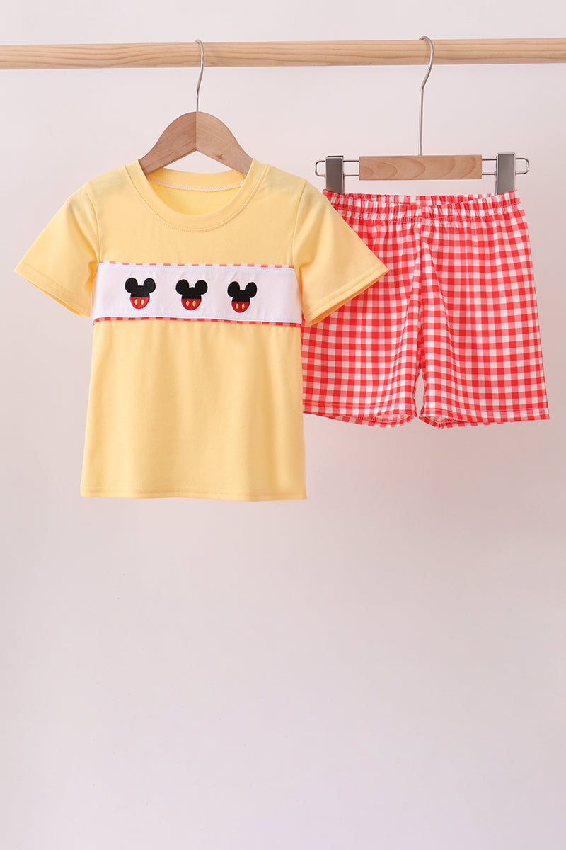 Mustard Character Plaid Embroidered Short Set | Boutique Children's Clothing
