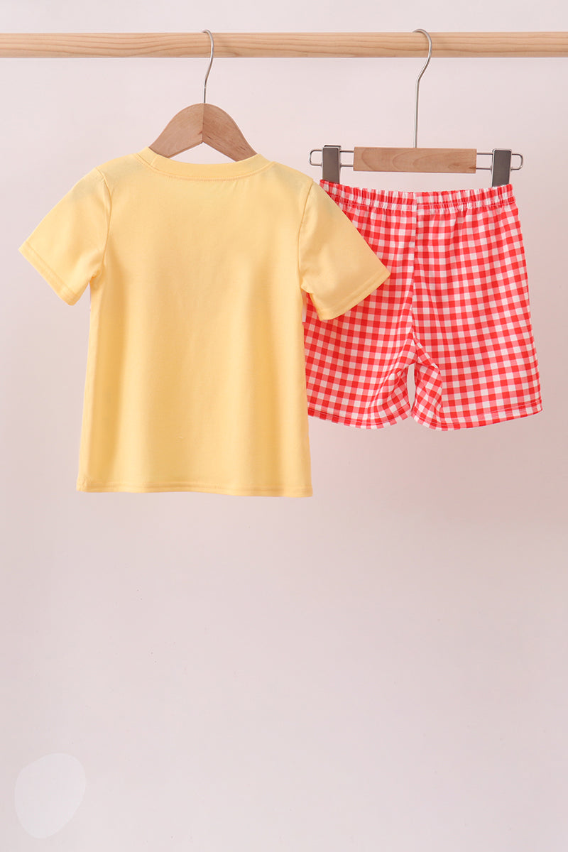 Mustard Character Plaid Embroidered Short Set | Boutique Children's Clothing