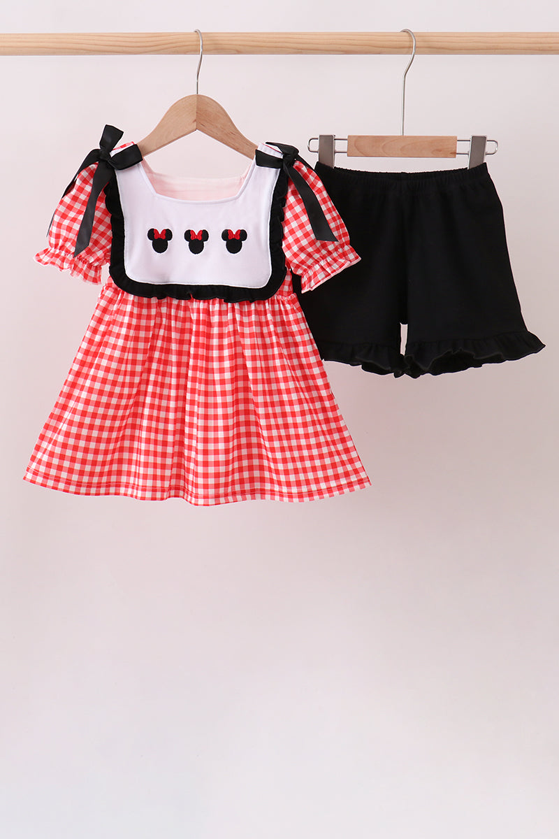 Red Character Plaid Embroidered Ruffle Short Set | Boutique Children's Clothing