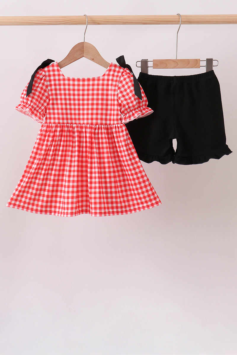 Red Character Plaid Embroidered Ruffle Short Set | Boutique Children's Clothing