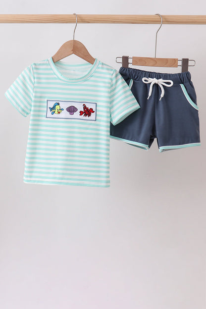 Blue Stripe under the sea Embroidered Set | Boutique Children's Clothing