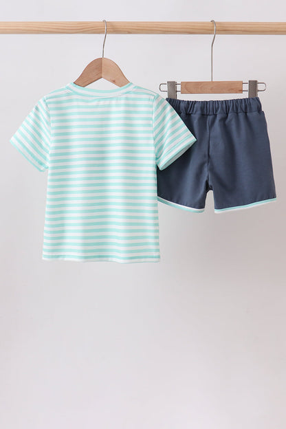 Blue Stripe under the sea Embroidered Set | Boutique Children's Clothing