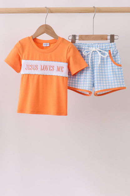 Coral Jesus Loves Me Smocked Gingham Shorts Set | Boutique Boys Smocked Outfit | Faith-Based Children's Clothing | Blush & Briar Co.
