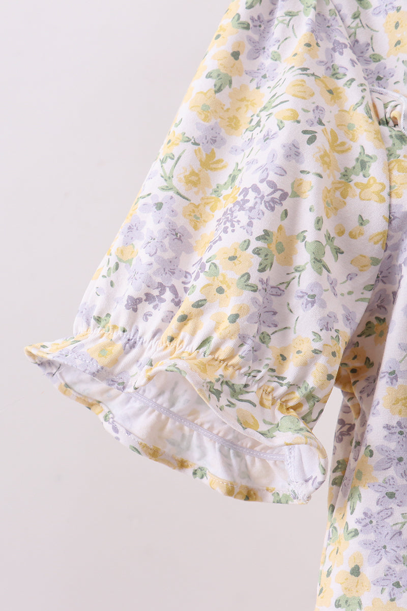 Floral print puff sleeve tiered dress