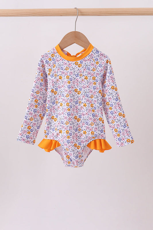 Mustard floral print ruffle rashguard | Boutique Children's Clothing