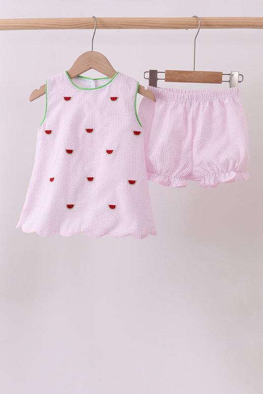 Pink stripe watermelon embroidery seersucker shorts set | Boutique Children's Clothing