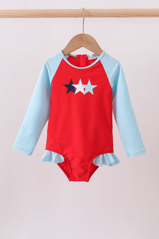 Red star embroidery ruffle rashguard | Boutique Children's Clothing