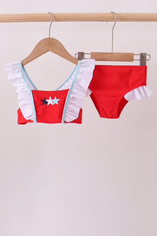 Red star embroidery ruffle 2pc swimsuit | Boutique Children's Clothing