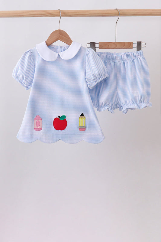 Blue Apple pencil Embroidery Bloomer Set | Boutique Children's Clothing