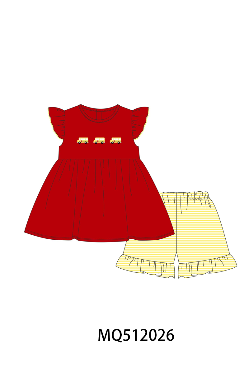 Red School bus Smocked Ruffle Shorts set | Boutique Children's Clothing