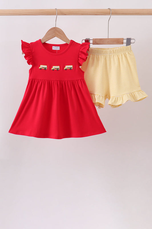 Red School bus Smocked Ruffle Shorts set | Boutique Children's Clothing