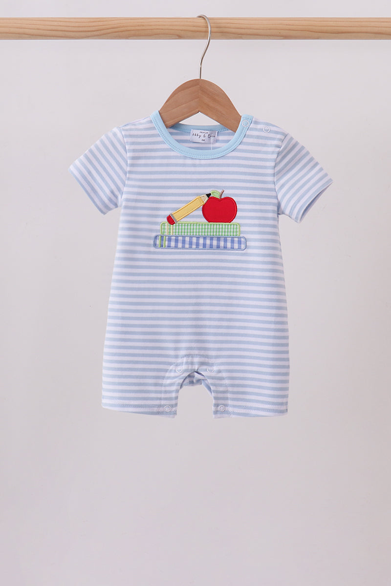 Blue Apple Pencil Embroidery Romper | Boutique Children's Clothing