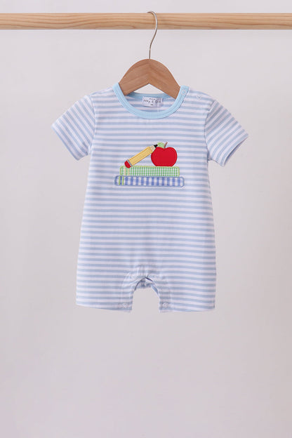 Blue Apple Pencil Embroidery Romper | Boutique Children's Clothing