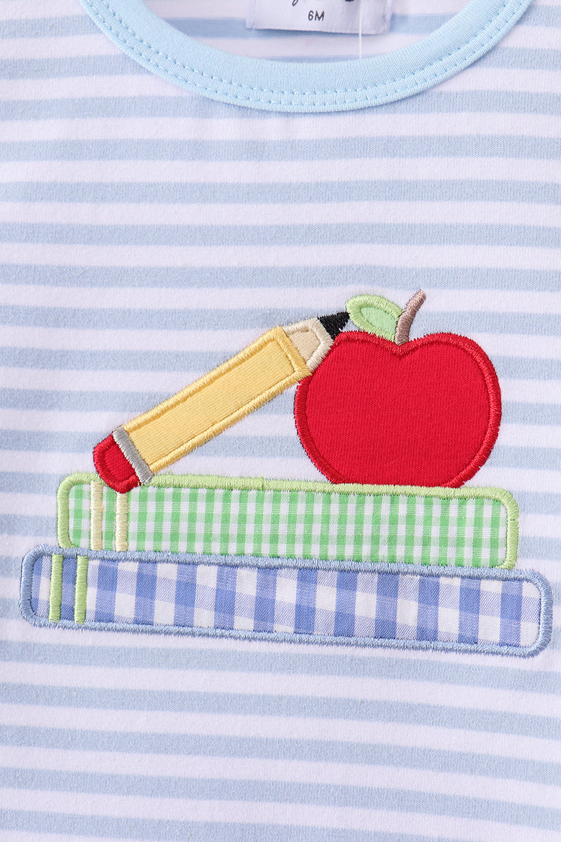 Blue Apple Pencil Embroidery Romper | Boutique Children's Clothing