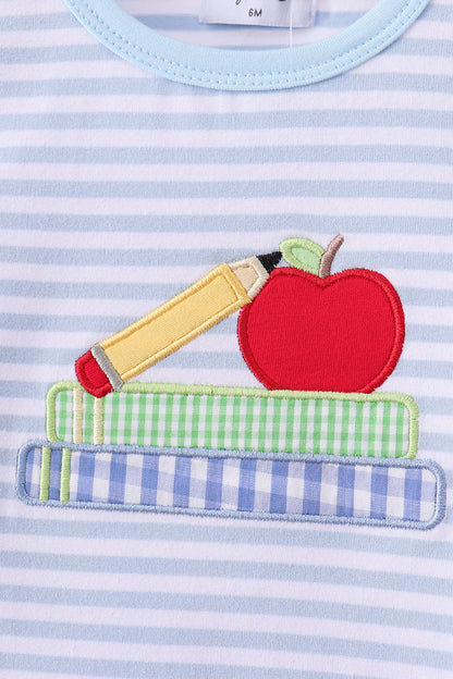 Blue Apple Pencil Embroidery Romper | Boutique Children's Clothing