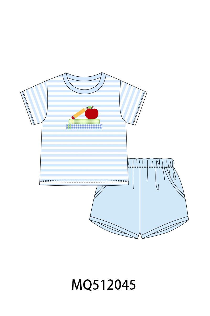 Blue Apple Pencil Embroidery Set | Boutique Children's Clothing