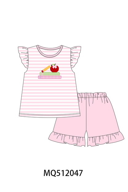 Pink Apple Pencil Embroidery Short Set | Boutique Children's Clothing