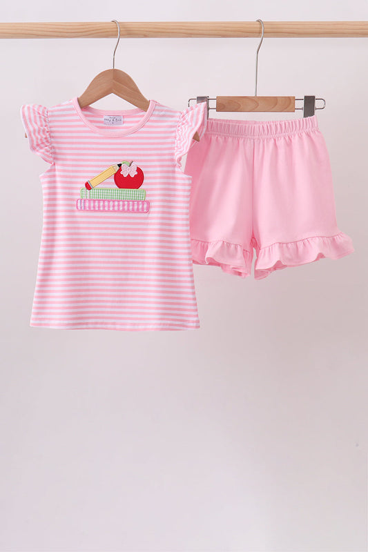 Pink Apple Pencil Embroidery Short Set | Boutique Children's Clothing