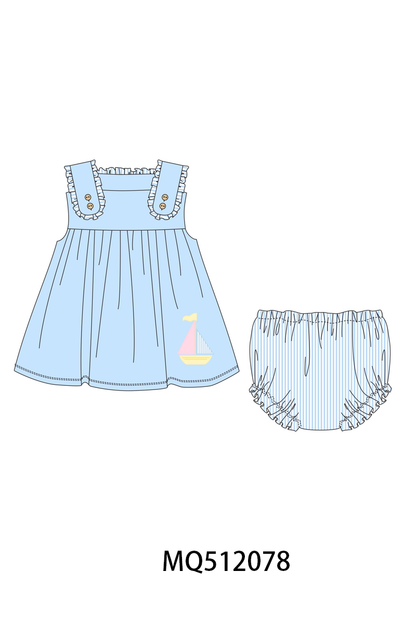Blue Sailboat Embroidered Bloomer Set | Boutique Children's Clothing