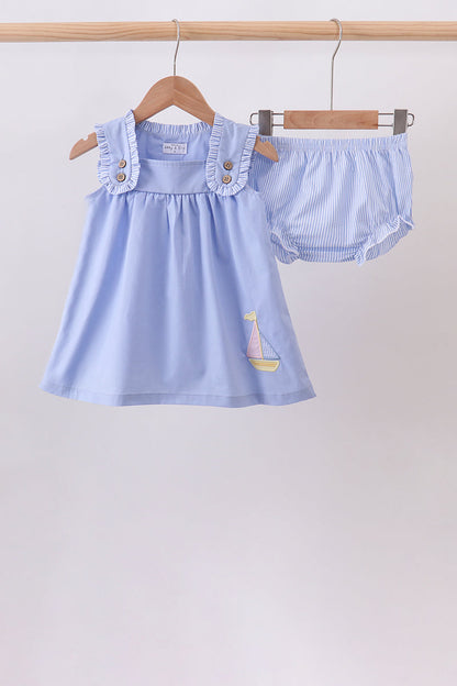 Blue Sailboat Embroidered Bloomer Set | Boutique Children's Clothing