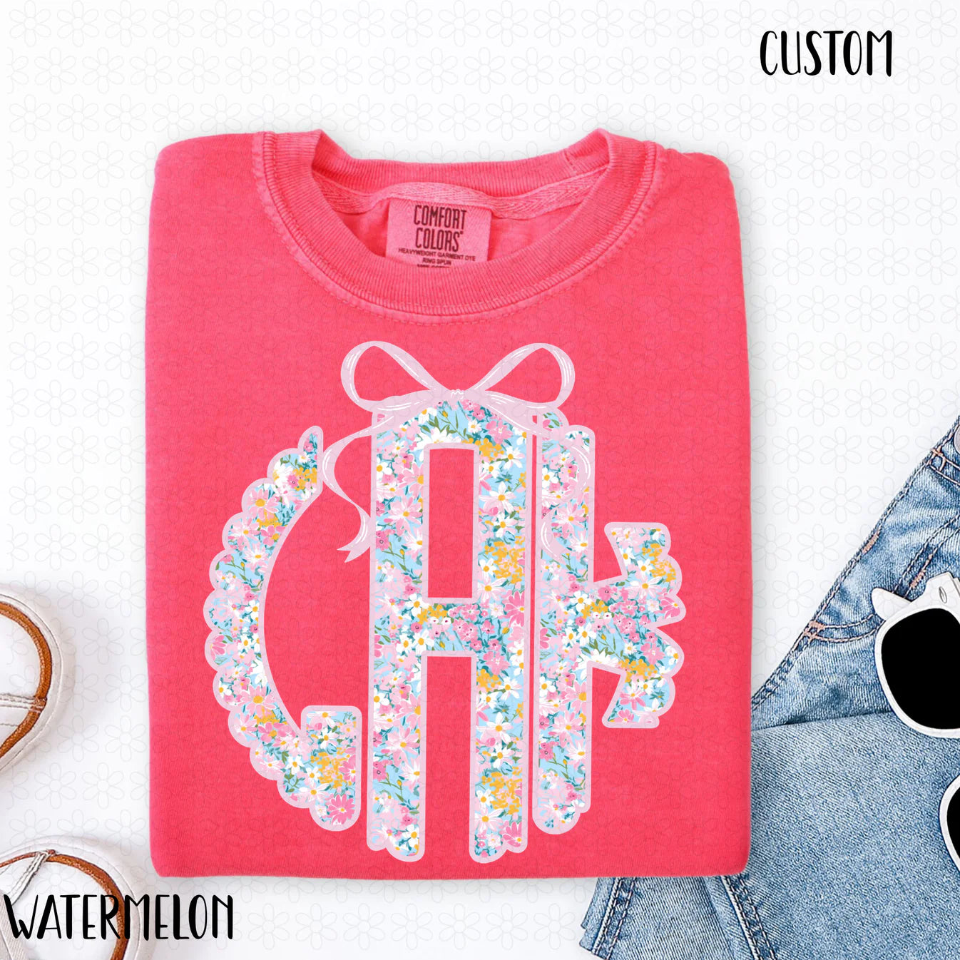 Pink Floral Monogram-Custom Completed Tee