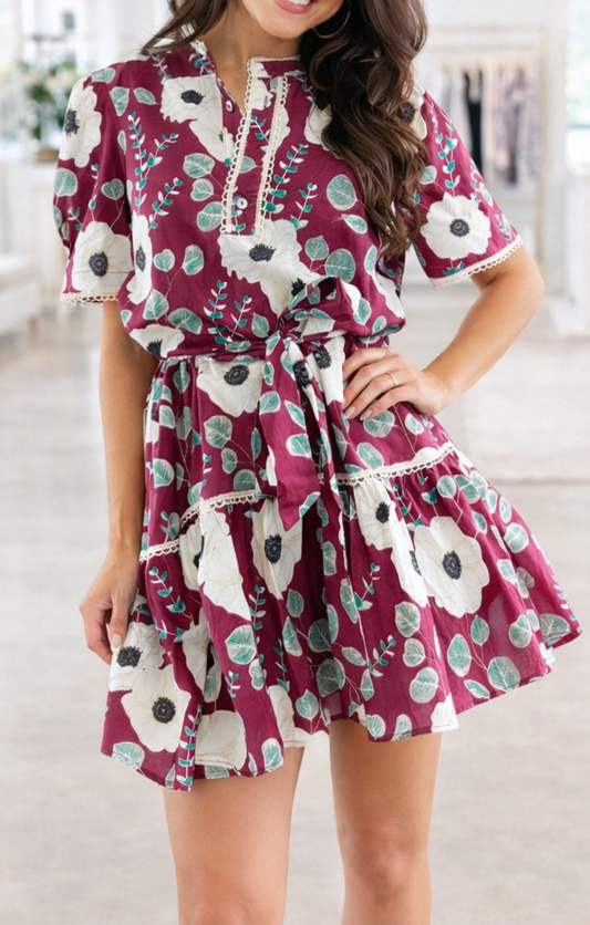Red Floral Belted Mini Dress LT | Boutique Children's Clothing