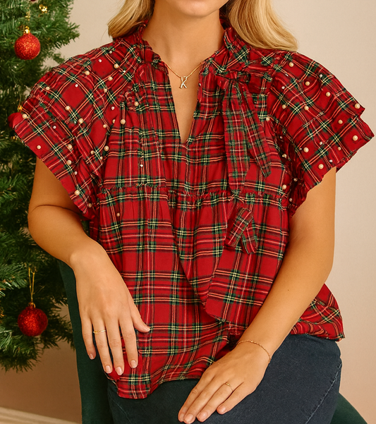 Red Plaid Pearl Blouse RTS | Boutique Children's Clothing