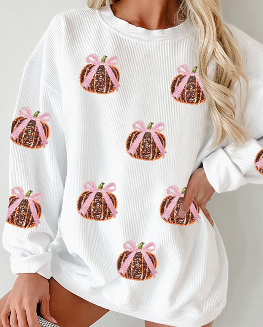 WHITE SEQUIN BOW PUMPKIN RIBBED SWEATSHIRT RTS | Boutique Children's Clothing
