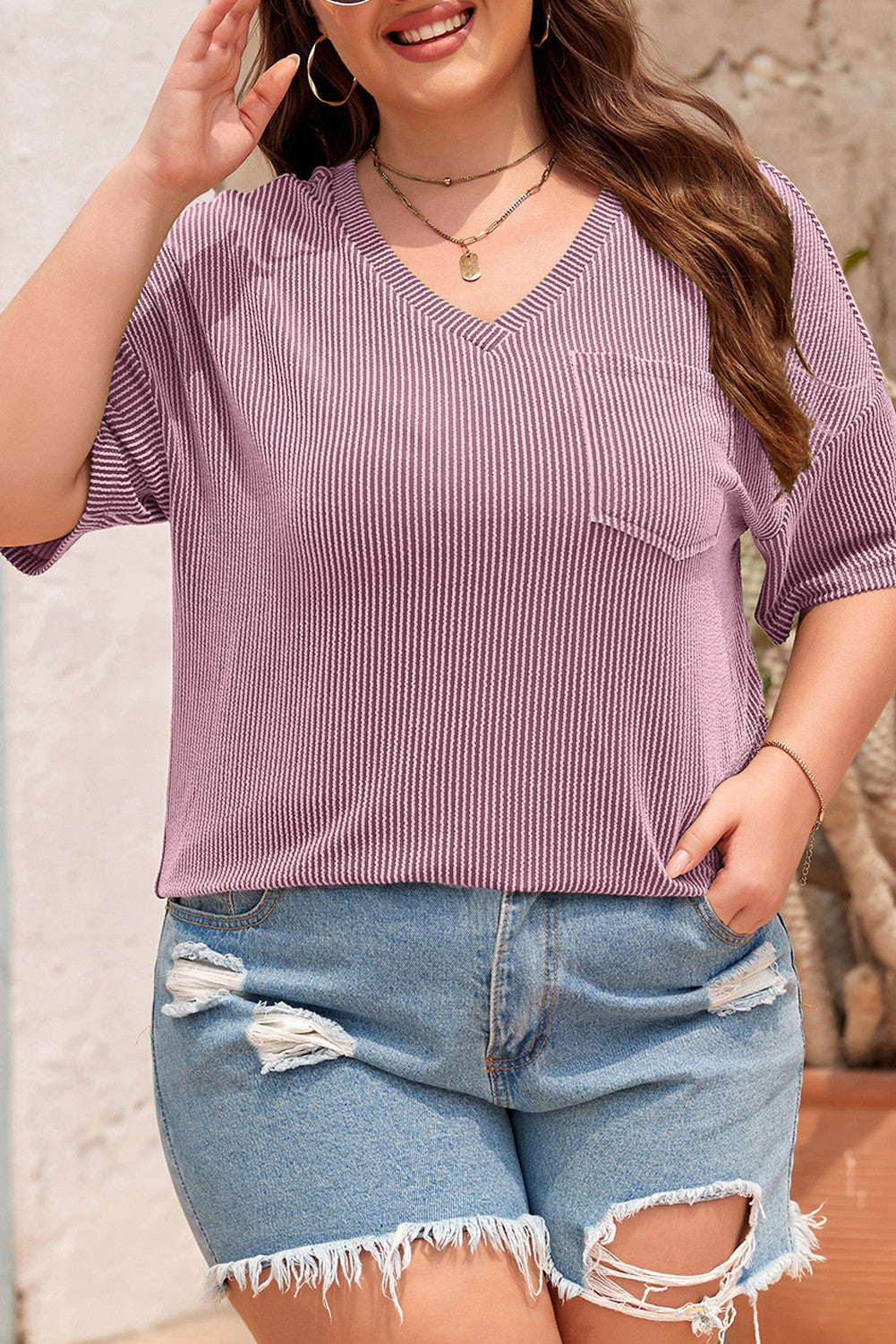 Textured V Neck Plus Shirt February.