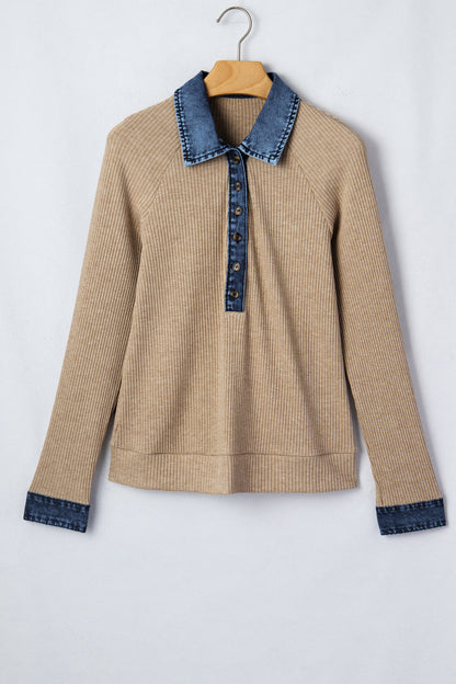 Beige Ribbed Denim Polo Top LT